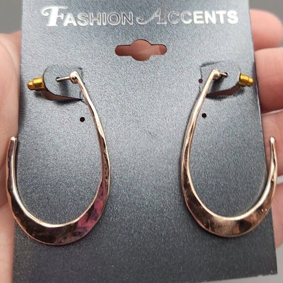 Rose Gold Hammered Hoop Earrings – Fashion Jewelry Statement Post Back New - Picture 5 of 7